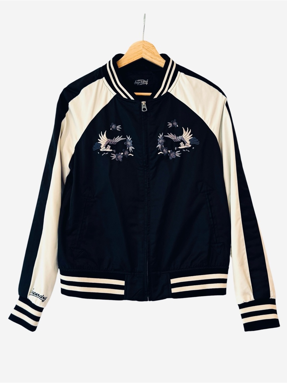 Superdry Suika Jacket Black Ivory Satin Embroidered Japan Jacket Size 6  Eur 38